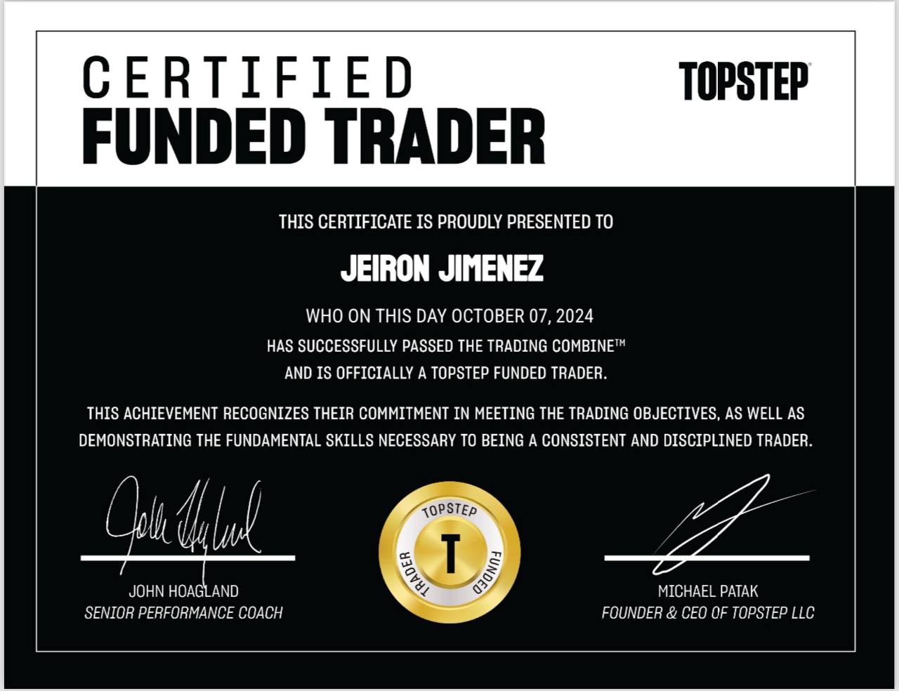 Certificado Topstep Funded Trader — Jeiron Jiménez